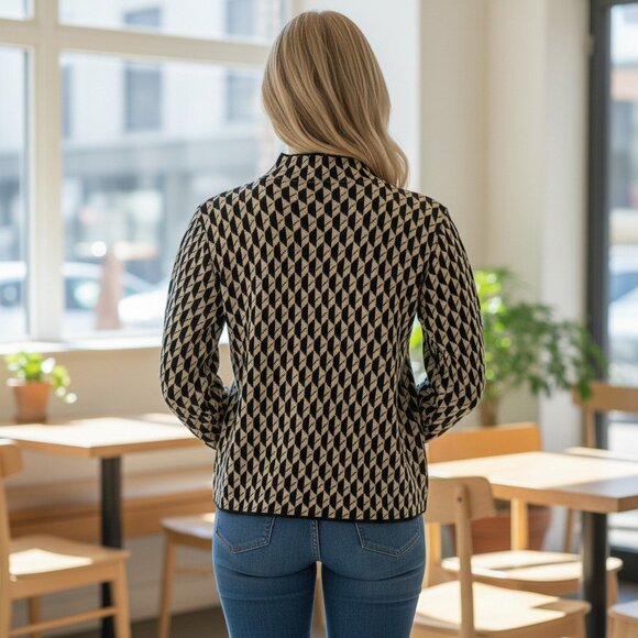 MAX STUDIO M Black Beige Diamond Knit Mock Neck Sweater Top Preppy Vintage Retro - Picture 3 of 9